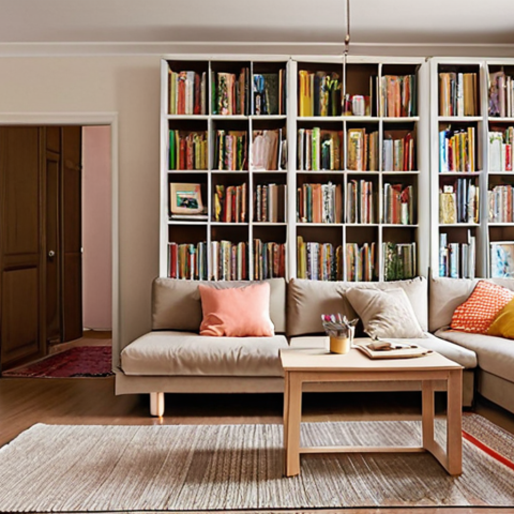 **

A spacious living room with flexible furniture: a fold-out couch, a foldable table, bookshelves acting as room dividers, and vertical shelves filled with decorations and books. Natural light fills the room. (Keywords: multi-generational living, flexible furniture, room dividers, open concept, bright, Turkish home).

**