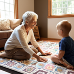 **A cozy living room scene with a grandparent, child, and baby interacting on a soft, patterned area rug. The flooring transitions to a non-slip, wood-look vinyl in the background, with natural light streaming through a window.** (Focus: safety, comfort, multi-generational interaction)